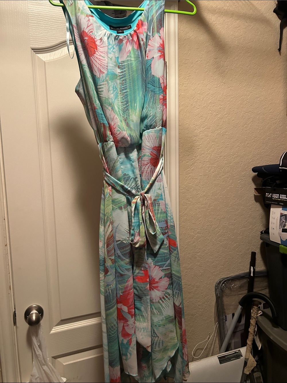 Sleeveless Floral Maxi Dress with Self-Tie Waist in Aqua and Coral